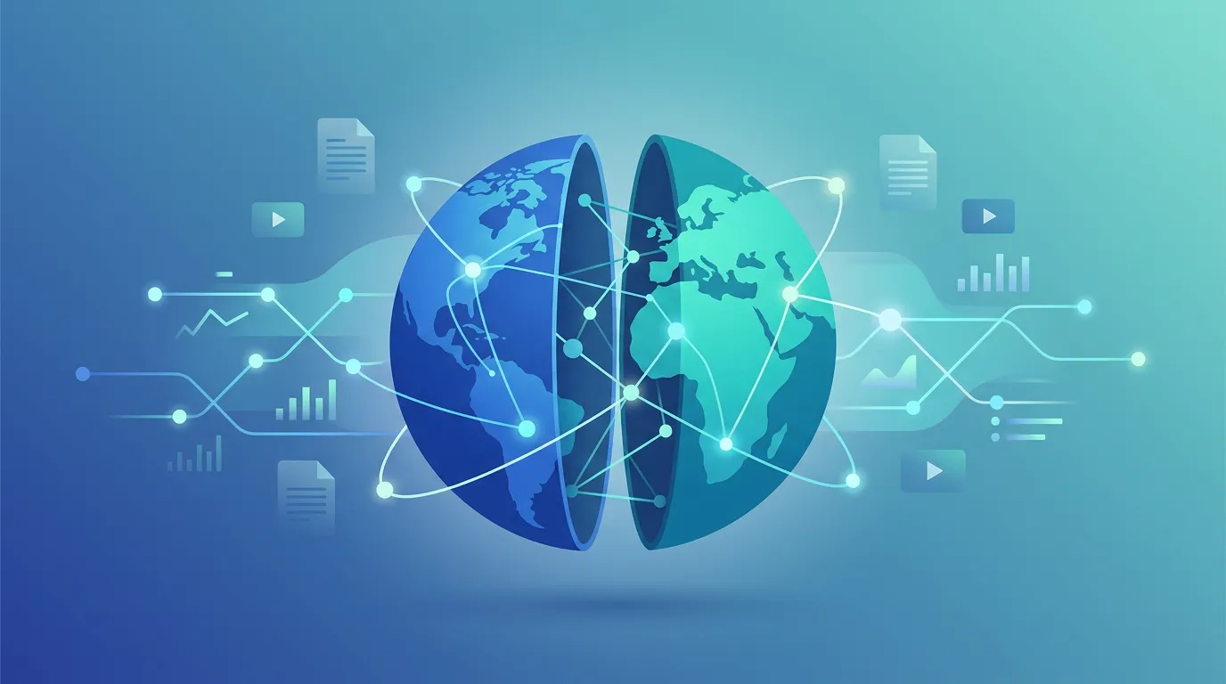 Global business and content distribution concept with documents and video icons.