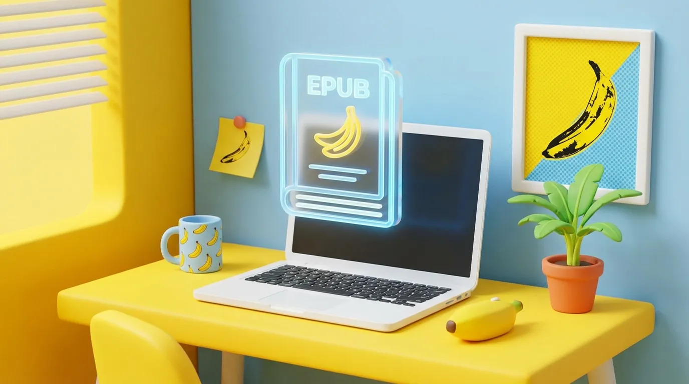 A stylized 3D isometric illustration of an EPUB book file on a laptop screen, showing no DRM locks, in a bright and clean workspace.
