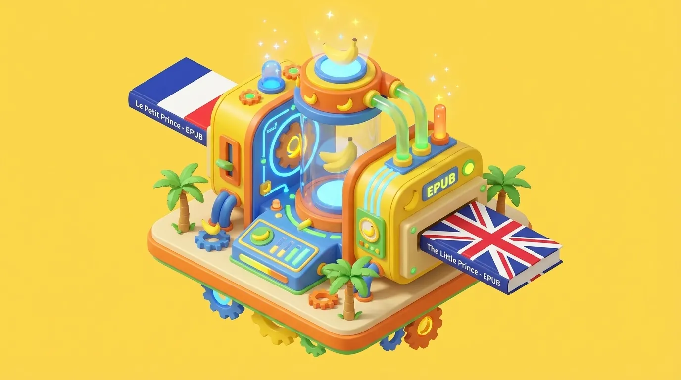 A conceptual 3D render of an AI portal where an eBook enters in one language and emerges in another, preserving the original colorful cover and layout.