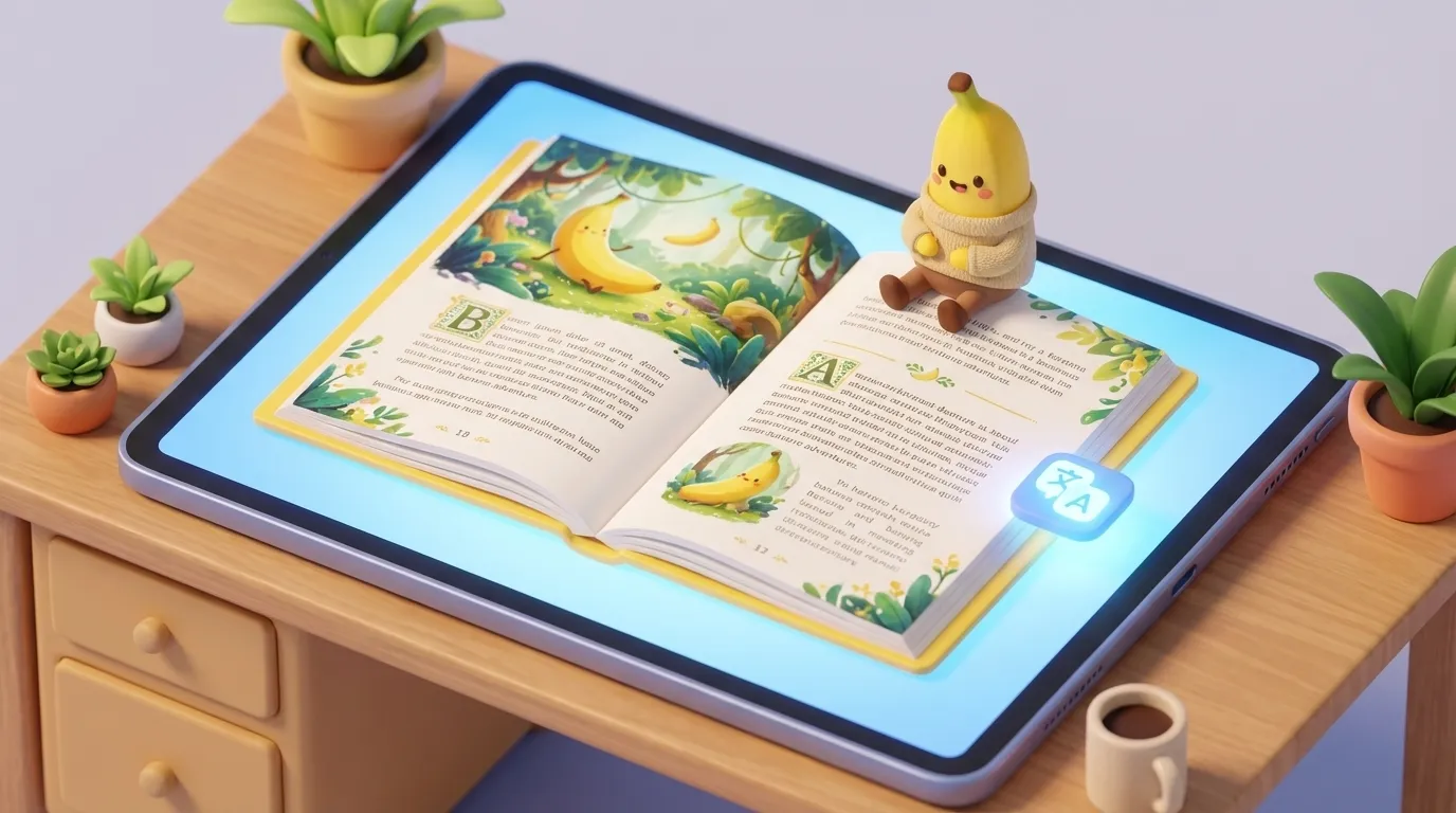 A close-up of a modern e-reader tablet showing a perfectly translated EPUB page with images and text side-by-side in professional layout.