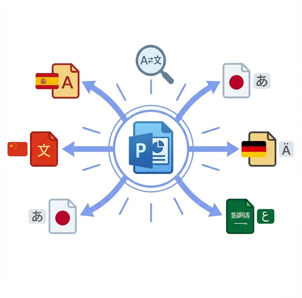 Illustrazione che mostra che un file ppt può essere tradotto in più lingue