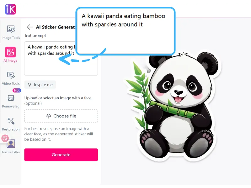 The image displays a sticker of a panda eating bamboo generated from text