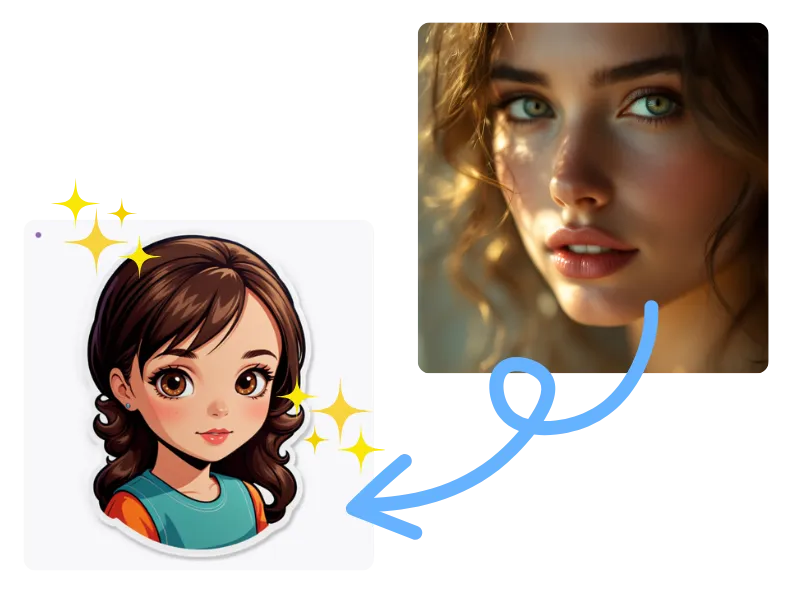 The image shows how a photo of a girl can be easily transformed into a cute sticker