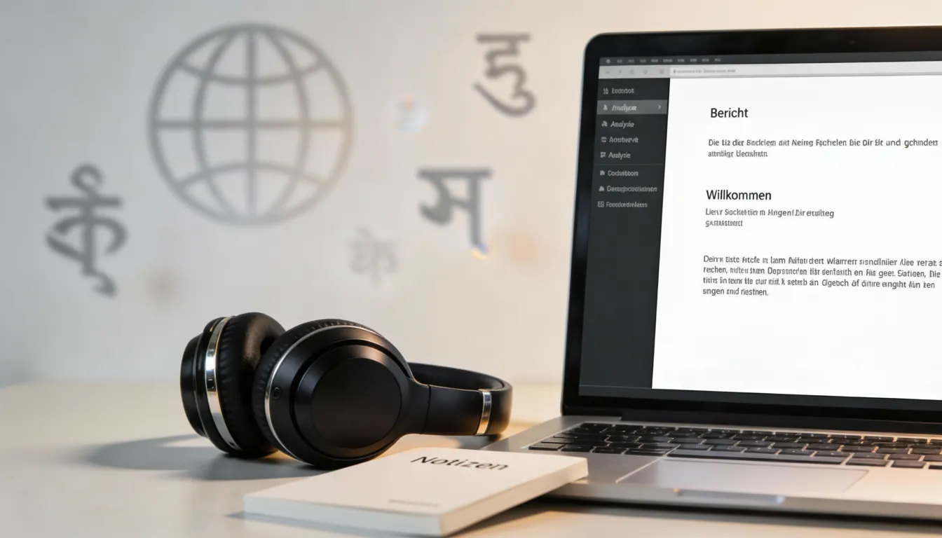 Laptop und Kopfhörer auf dem Schreibtisch – Symbolbild für entspanntes Arbeiten mit Audio und Übersetzung.